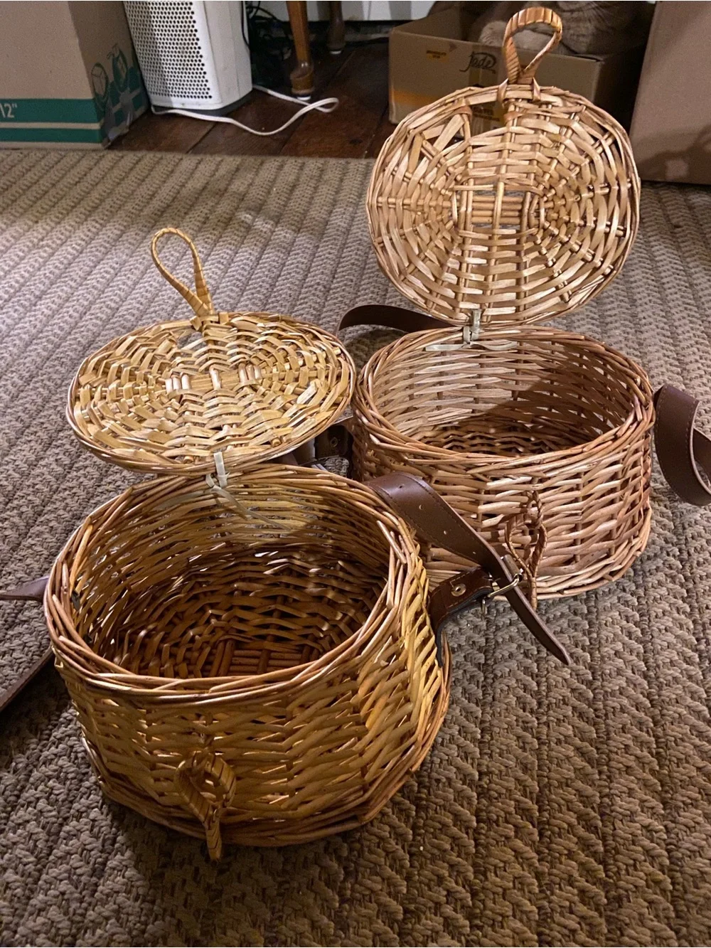 Woven Round Storage Baskets with Brown Leather Straps - Natural Brown